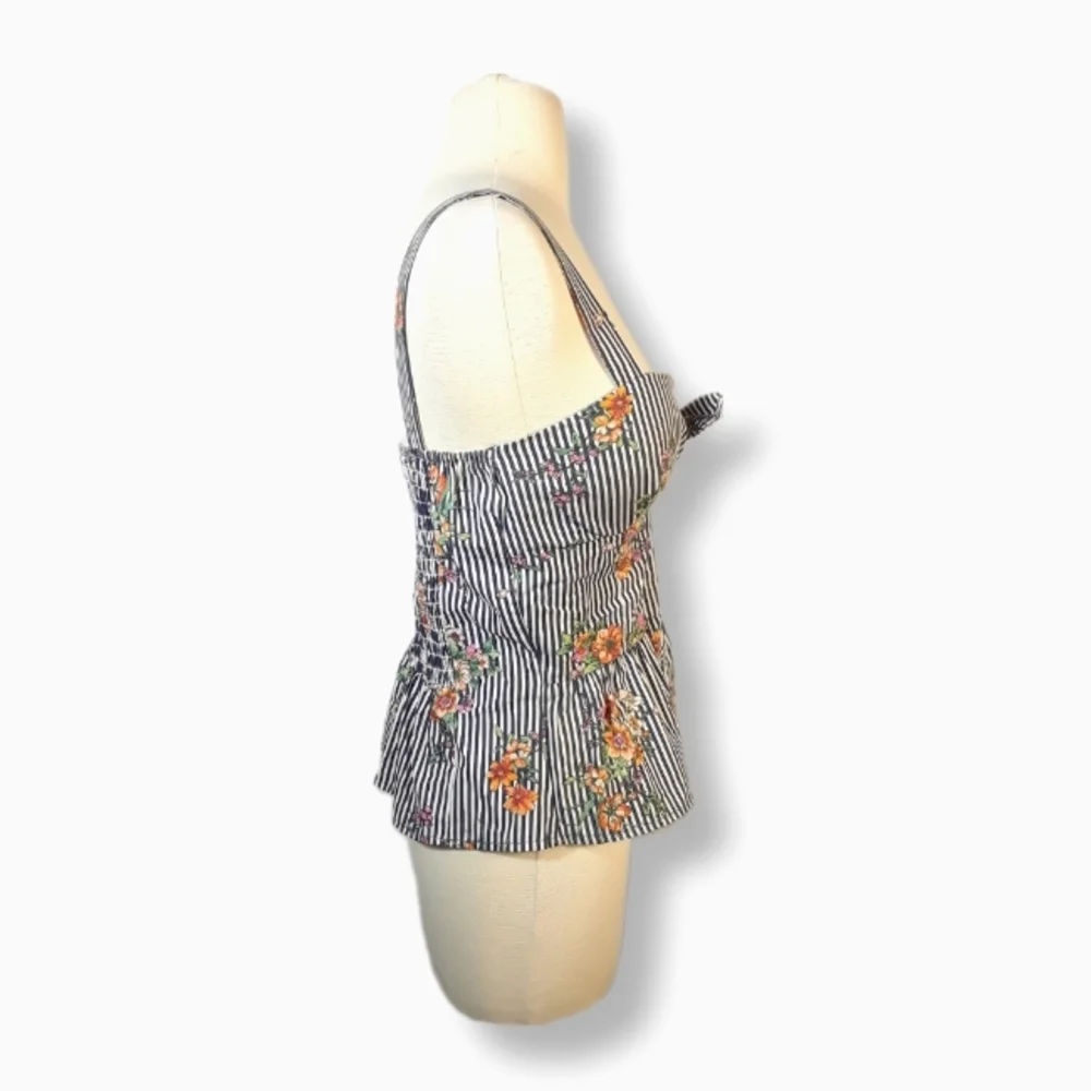 Iris Striped Tank Top Womens Fit & Flare Sleeveless Floral Bow Padded Low Cut-L - Picture 2 of 16